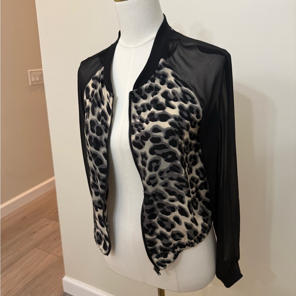 Leopard Print Sheer Sleeve Bomber Jacket Grunge Y2K - Picture 4 of 8